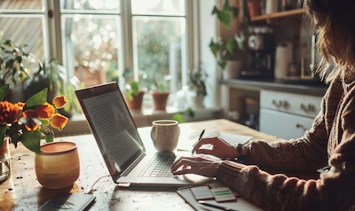 Person lærer hebraisk på laptop ved kjøkkenbordet med morgenkaffe