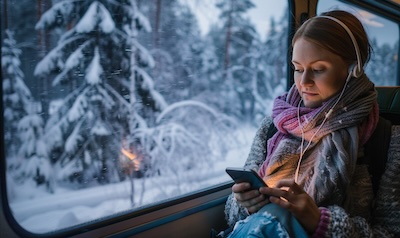 Norsk kvinne som lærer finsk på mobilen på tog gjennom Lappland