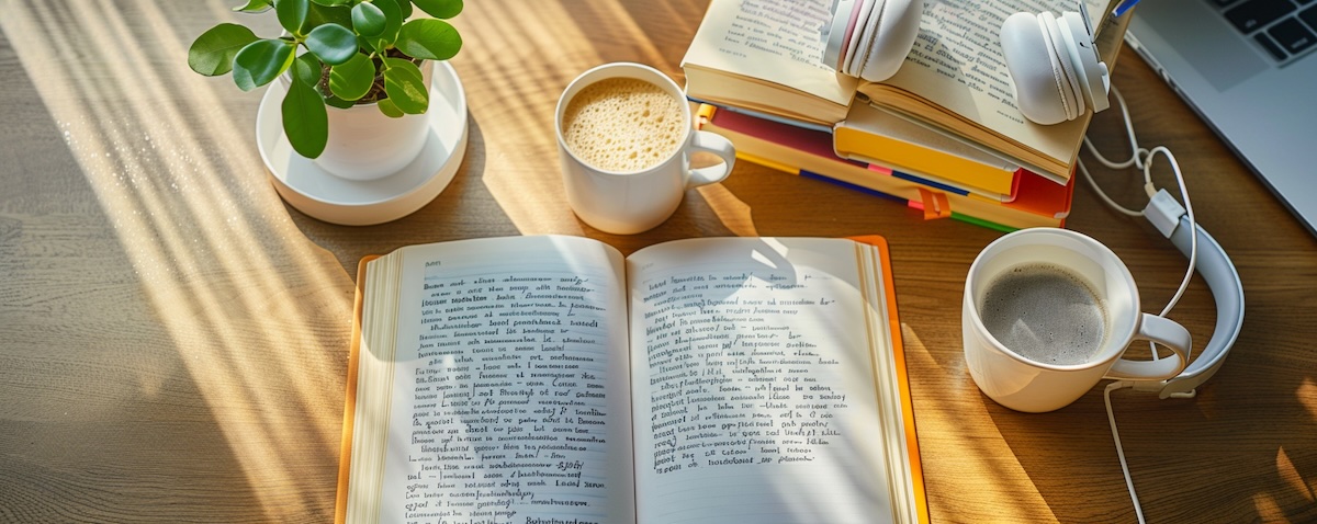 Language learner's workspace with several language books, an open notebook with vocabulary lists, coffee, headphones and a laptop