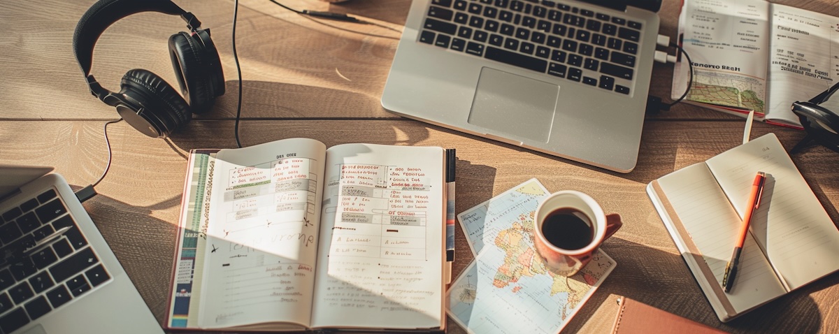 Various language learning tools on a wooden desk: textbook, laptop with language app, flashcards, headphones, folded map, notebook and coffee