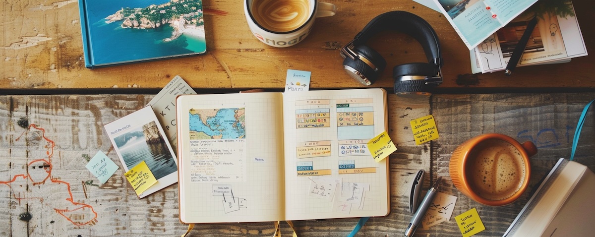 Language learner's desk with a bullet journal habit tracker, travel postcard, sticky note goals, coffee and books
