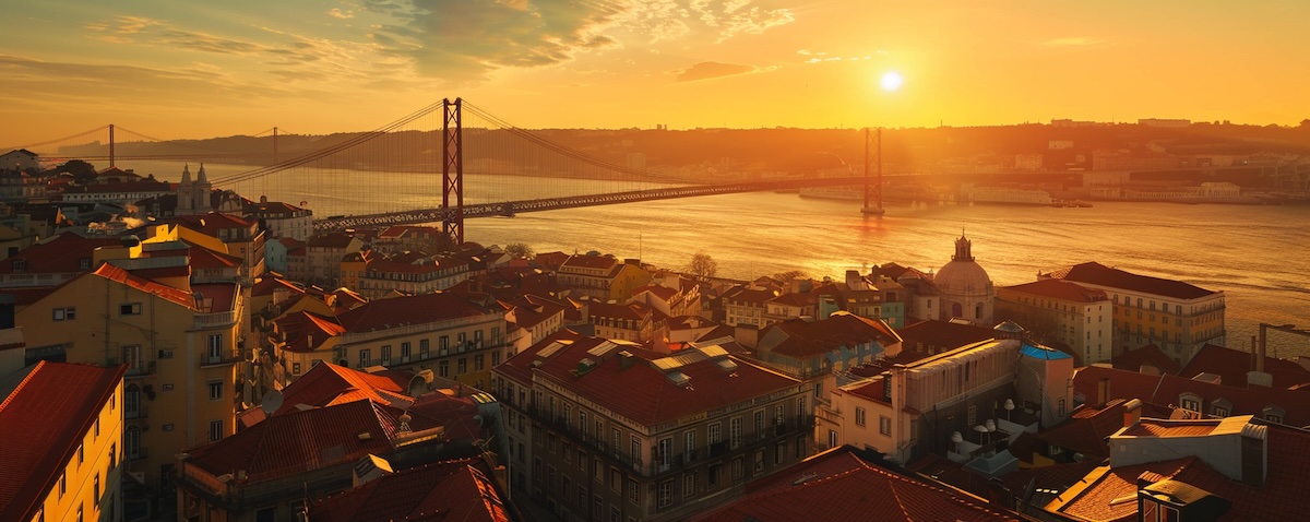 Aerial view of Lisbon and the Tagus river where the language of Portugal is spoken