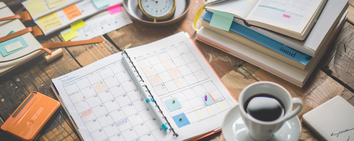 Study desk with a calendar showing ticked-off days, a kitchen timer, a milestone plan, language books and coffee