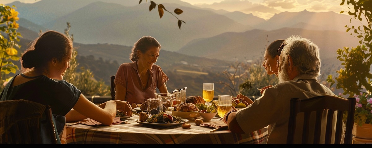 Learn Albanian: a young woman talking with her Albanian grandmother at a family dinner