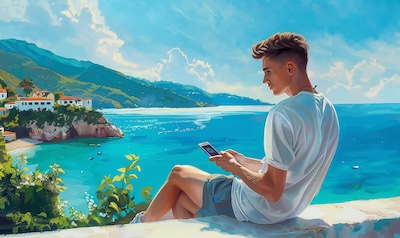 Learning Albanian online on a smartphone with a view of the Albanian coast