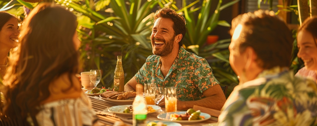Man learning Brazilian Portuguese laughing with his partner's Brazilian family at a sunny lunch table