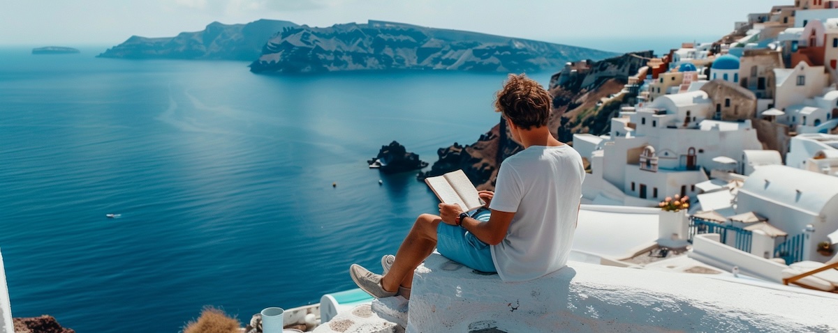 Traveller learning the Greek alphabet with a notebook on a Greek island terrace