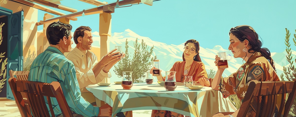 Learn Kurdish: a learner sharing tea with a Kurdish family in front of the mountains