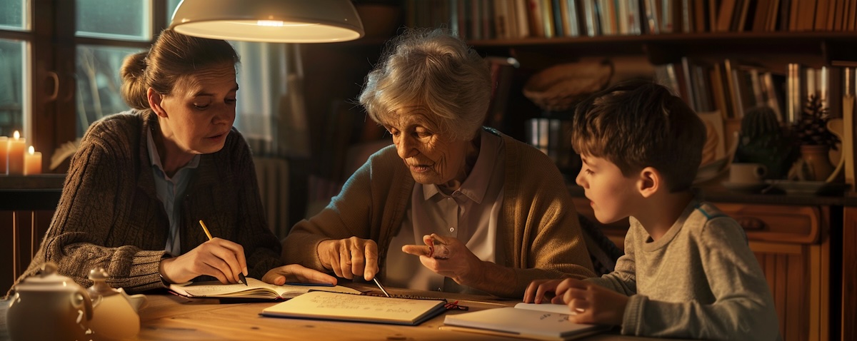 A Polish grandmother teaching her adult granddaughter a word in Polish at the kitchen table, with a teenage grandson watching