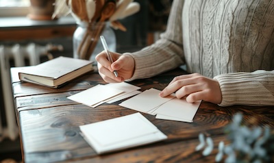 Learner memorising Greek letters with flashcards at a kitchen table