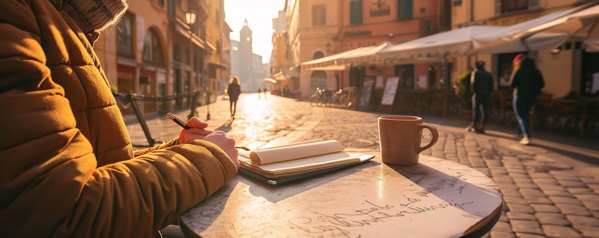 A person practicing Italian phrases at an outdoor café table in an Italian piazza during golden hour