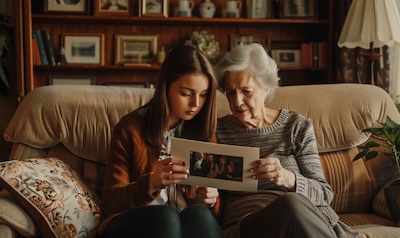 Heritage learner looking at old family photos with her Ukrainian grandmother