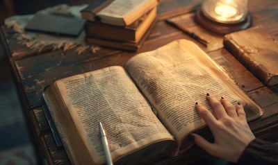 Hender som blar i en åpen hebraisk bibel på et lesepult med studienoter ved siden