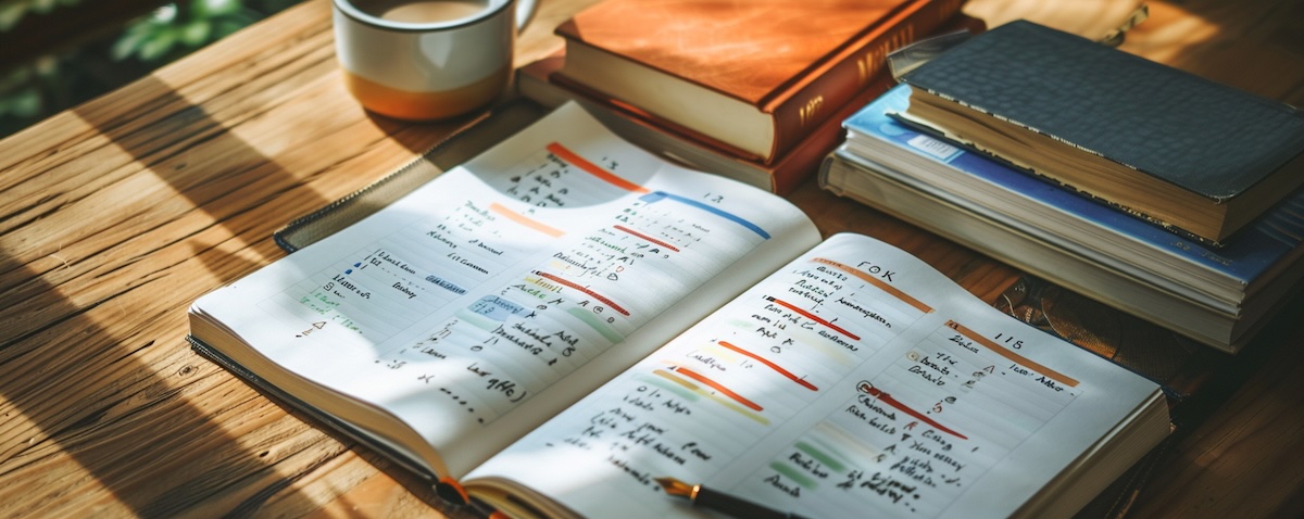 Numbered vocabulary notebook with a word frequency chart, language books, coffee and a pen on a wooden desk