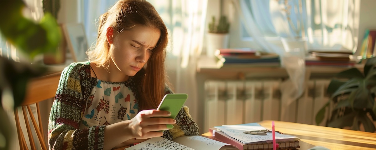 An adult learner frustrated with a language learning app while trying to learn Polish, with a grammar textbook open on the desk