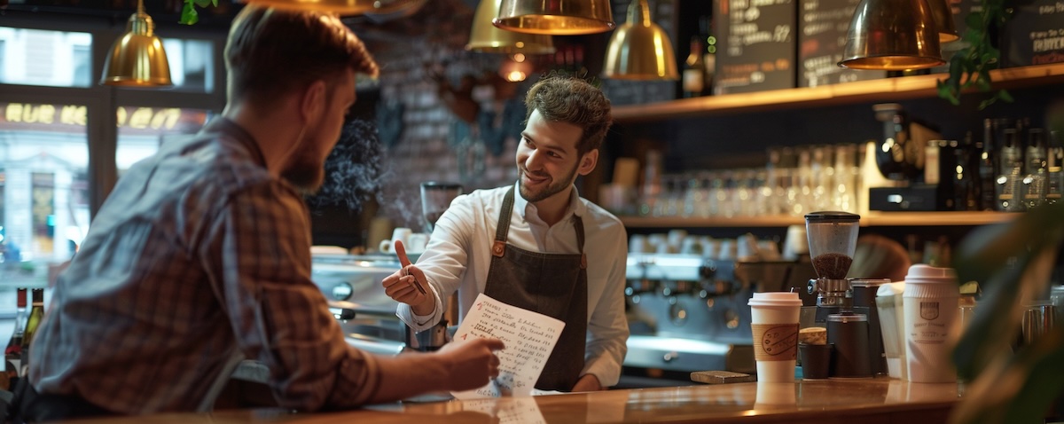 A traveler practicing Polish phrases with a friendly barista at a Krakow coffee shop counter