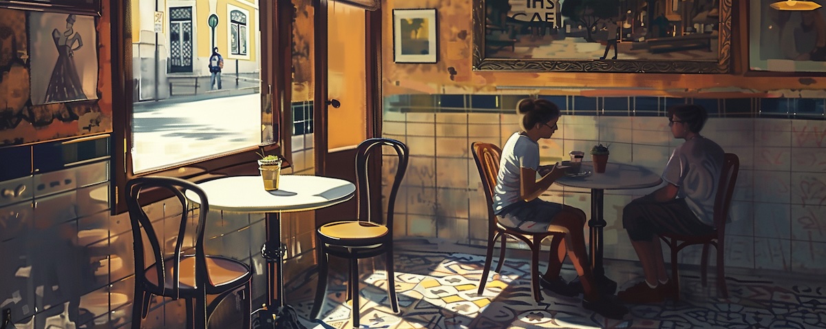 Learning essential Portuguese phrases in a Lisbon cafe