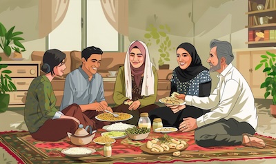 Kurdish family in Erbil sharing dinner with a guest, the moment to say destit xoş bêt