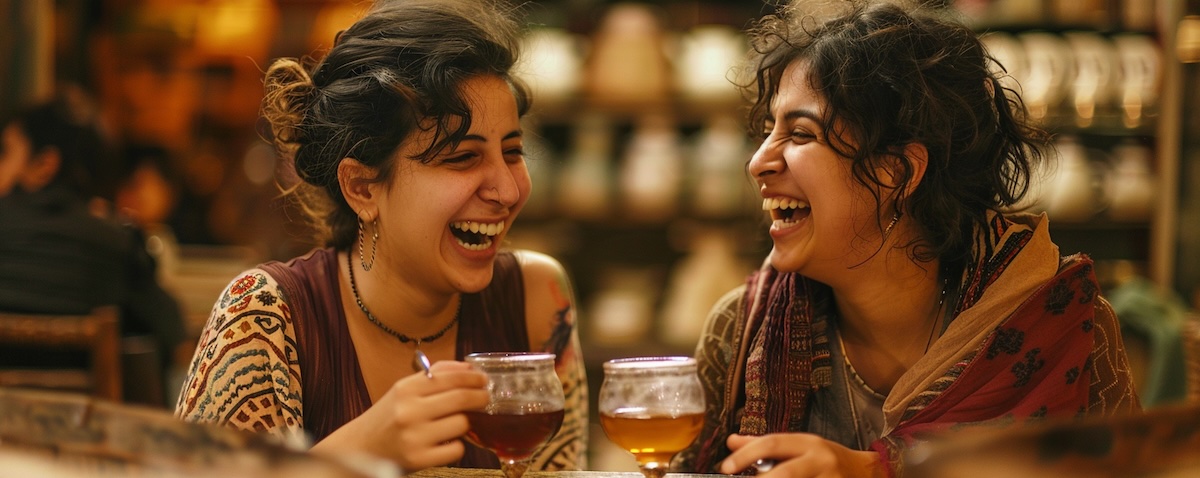 Sorani Kurdish phrases: friends talking over tea in a traditional tea house in Sulaymaniyah