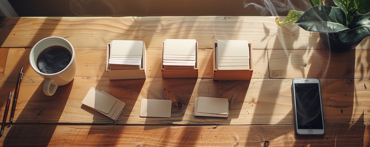 Three review boxes with foreign-language flashcards, a smartphone with a flashcard app, coffee and a pen on a wooden desk