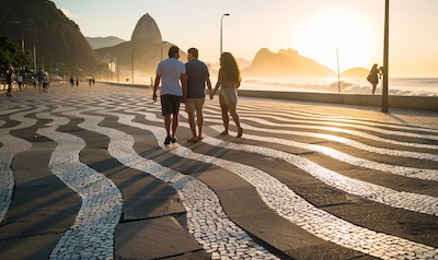 Couple chatting in Brazilian Portuguese on the Copacabana promenade in Rio de Janeiro