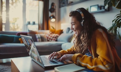 Woman practising Brazilian Portuguese in a video call with an online tutor