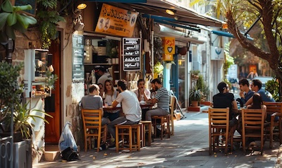Kafé i Tel Aviv med hebraiske og engelske skilt og gjester utendørs