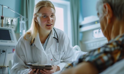 Norsk medisinstudent som snakker tsjekkisk med en eldre pasient på sykehus