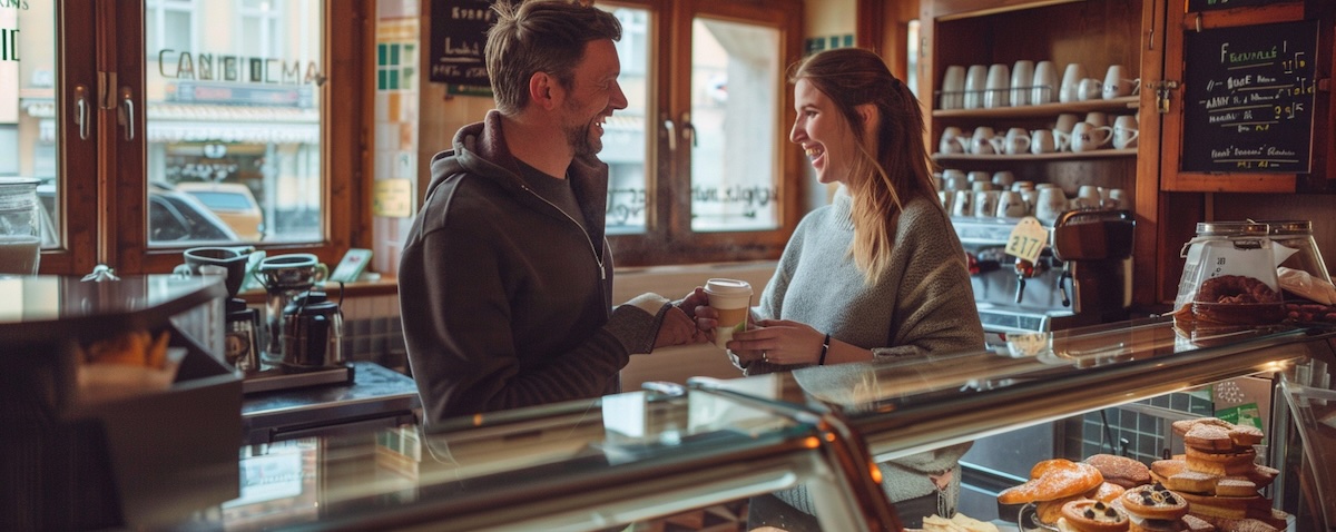 Norsk par som sier takk på tsjekkisk på en kafé i Praha