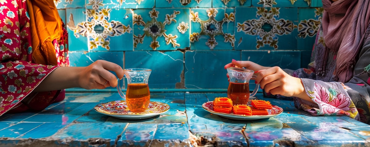 Two friends chatting over Persian tea on a bright terrace – learn common Persian phrases