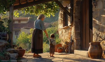 Typical Albanian phrases: a grandmother welcoming her grandson at the door