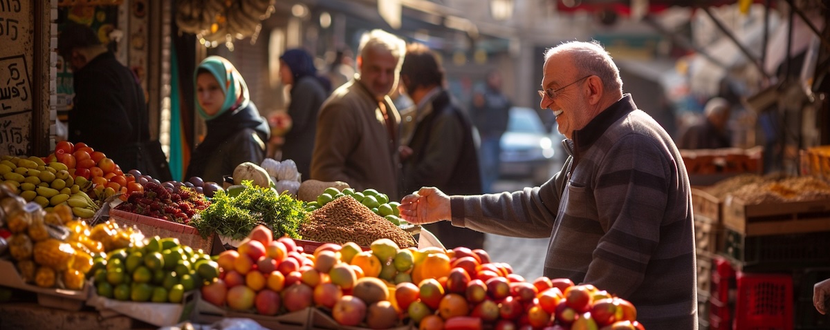 Vennlig markedsstand i Mahane Yehuda i Jerusalem med selger som hilser på turist