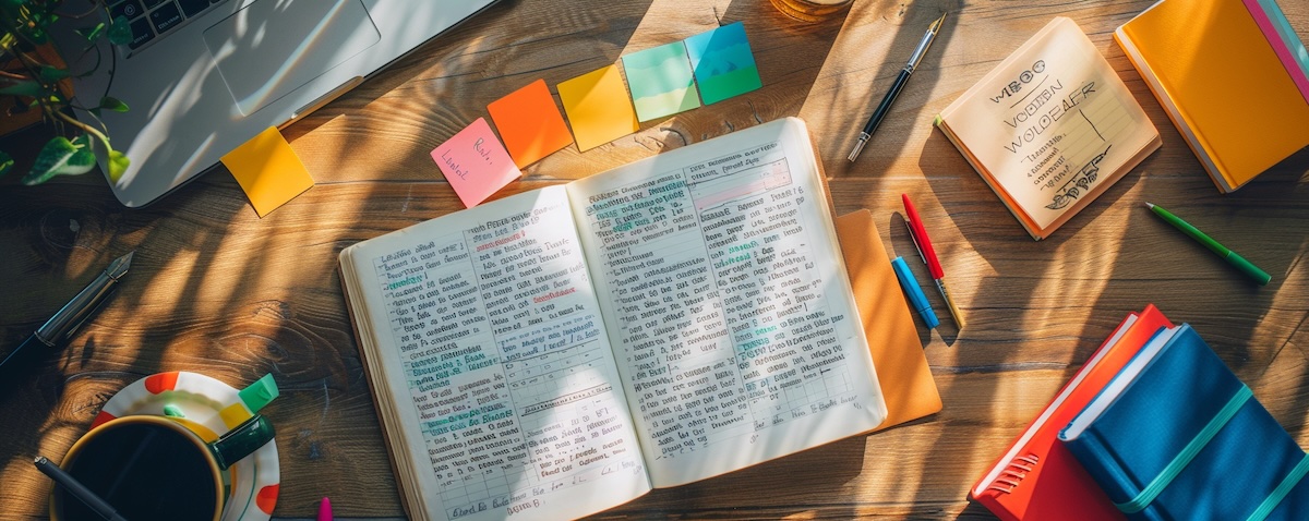 Flashcards and notebook with handwritten vocabulary lists on a wooden desk with coffee, highlighters and language books