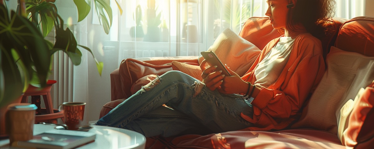 Young person learning Persian on a smartphone app in a bright modern room