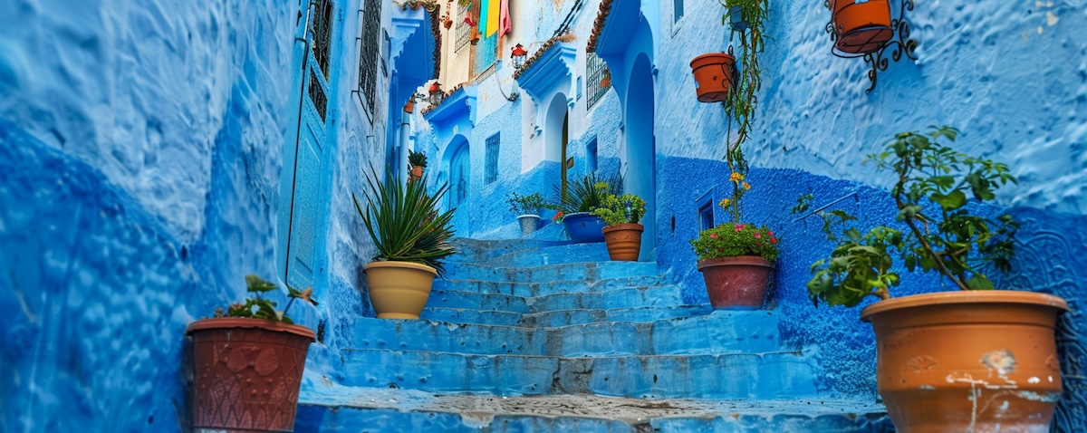Gate i medinaen i Chefchaouen med blå hus, et av stedene i Marokko der darija, spansk og amazigh møtes