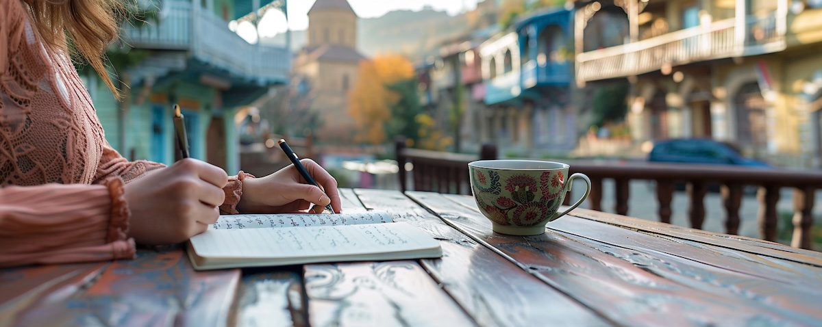 Georgian alphabet: a young woman practising handwriting in a café in Tbilisi