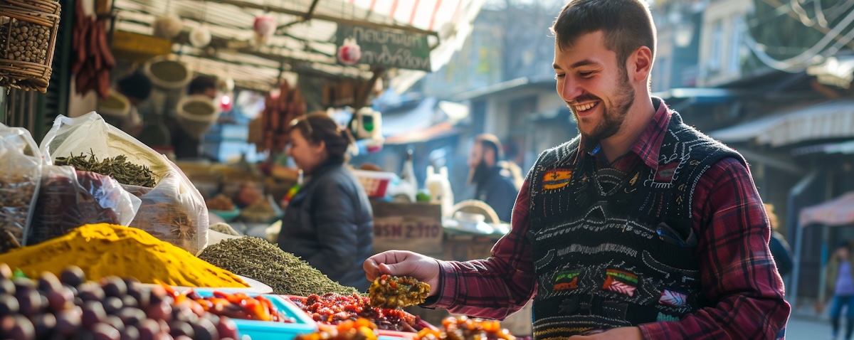 Georgian phrases in everyday life: a traveller talking to a market vendor in Tbilisi