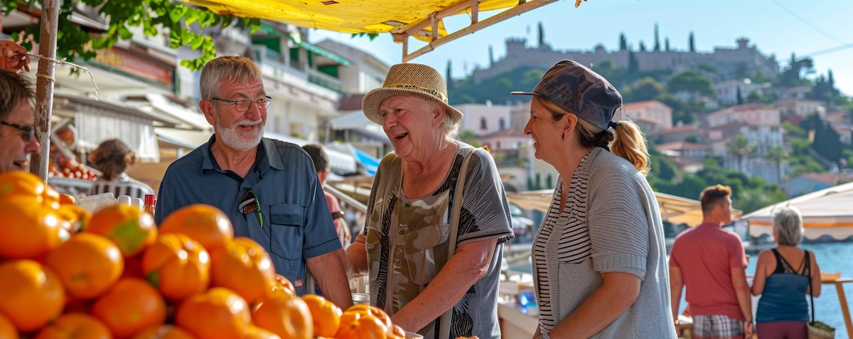 Lær tyrkisk: norsk par snakker tyrkisk med en selger på markedet i Alanya