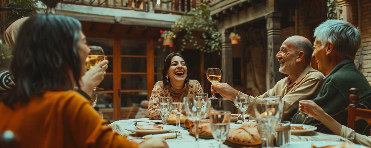 Learn Georgian: a woman laughing with her Georgian partner's family at a supra feast in Tbilisi