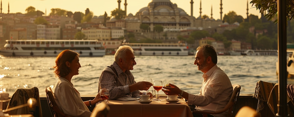 Learn Turkish: a couple talking with a waiter in Turkish at a tea garden in Istanbul