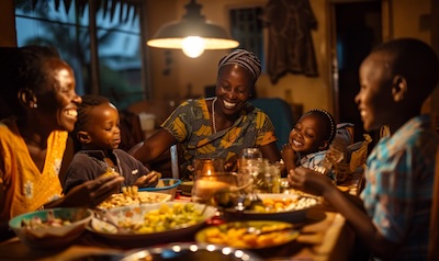 Volunteer practises Swahili with her Kenyan host family at dinner