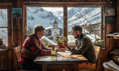 Norsk par øver på å lese georgiske bokstaver på menyen i et gjestehus i Kazbegi