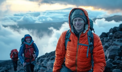 Tanzaniansk fjellguide går sakte foran en norsk turgåer på Kilimanjaro, pole pole på swahili