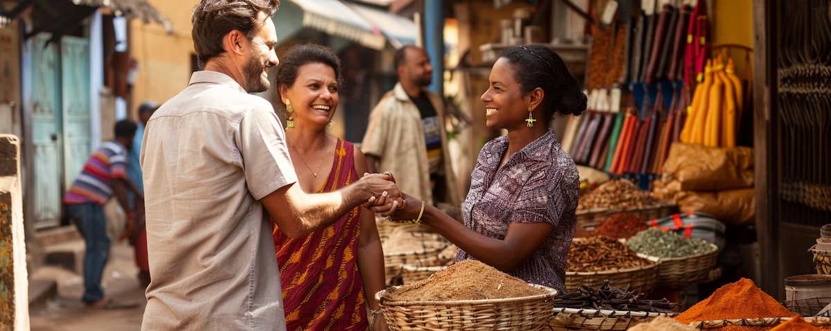 Norsk par hilser på en krydderselger på swahili på markedet i Stone Town på Zanzibar