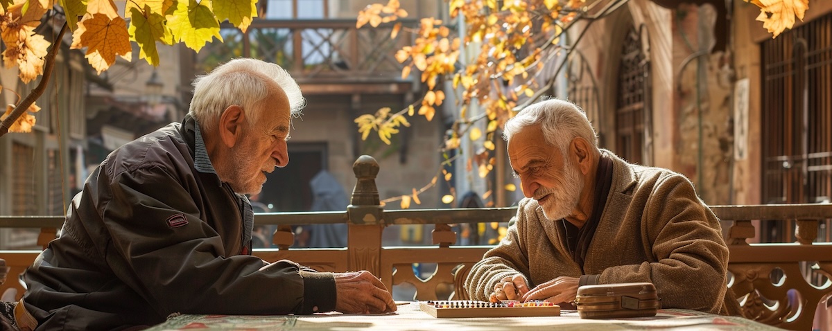 What language is spoken in Georgia: locals and a traveller chatting in a Tbilisi courtyard